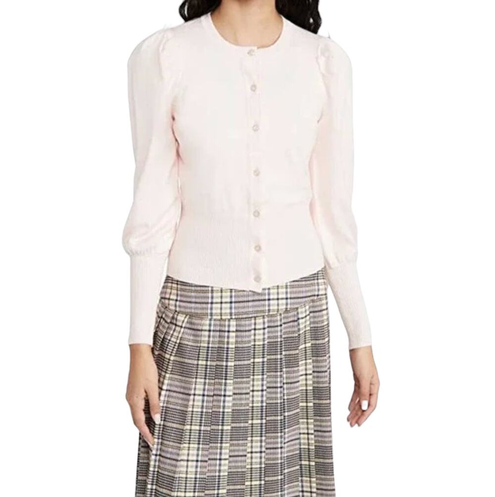525 Pink Puff Sleeve Ribbed Edge Cropped Cardigan Sweater